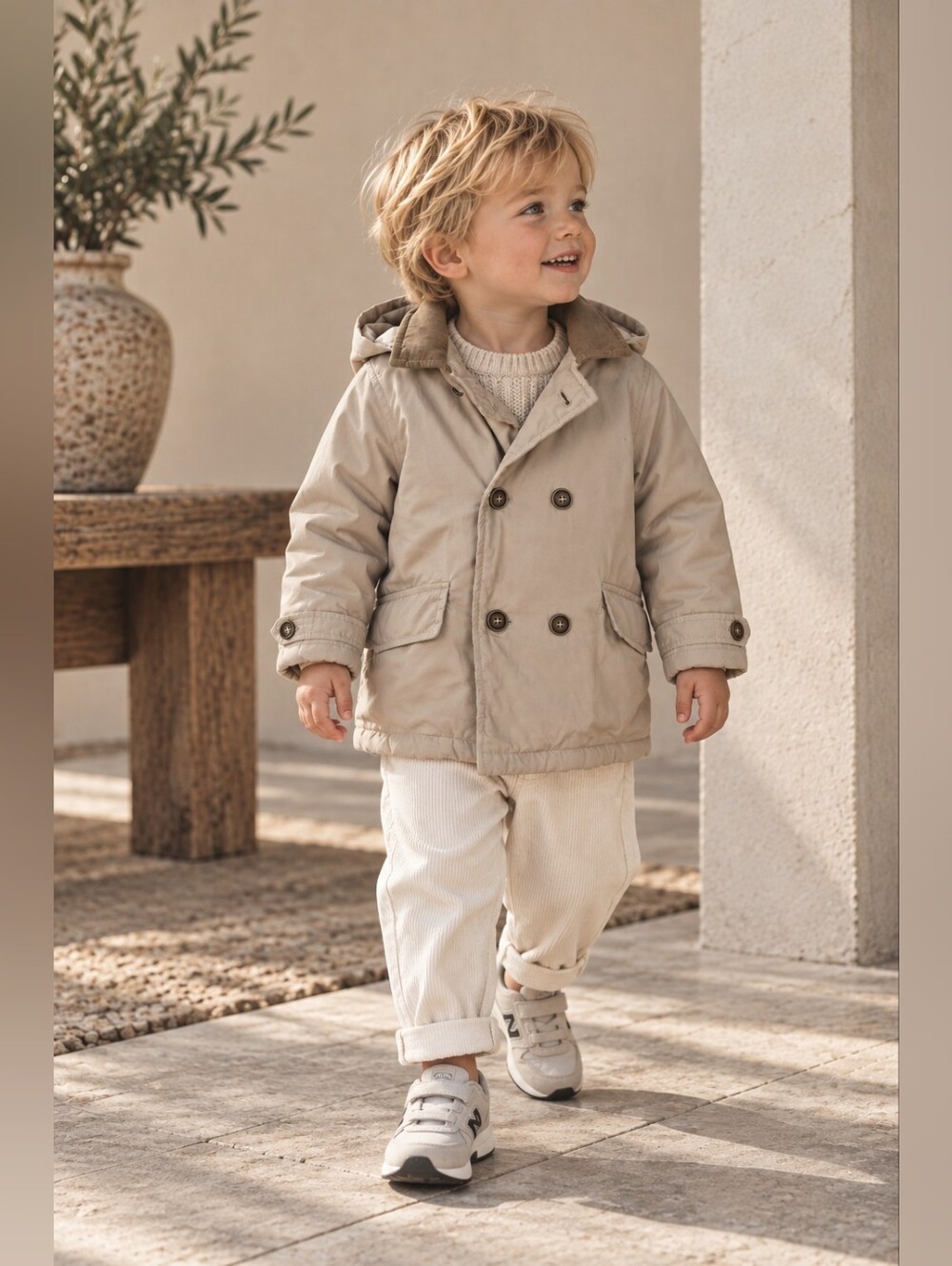 Zara Baby Boys Hooded Trench Coat Beige Double Breasted Jacket 2-3Y Workerwear